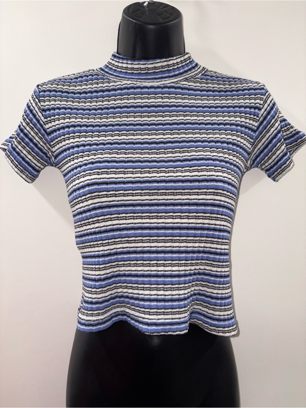 Vintage Striped Blue & White Mock Neck Crop Top from Cherry Stix MEDIUM
